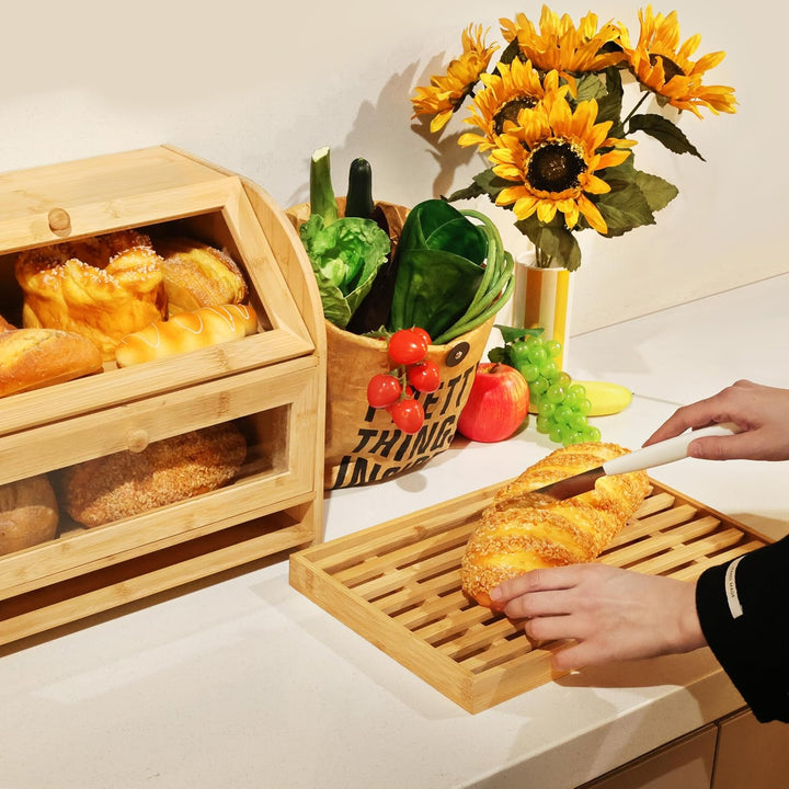 Ribelli Bambus Brotkasten mit 2 Etagen und Schublade, Grosser Brotbehälter mit Brotschneidebrett, Ho