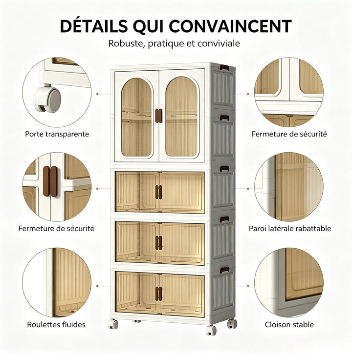 Faltbarer Kleiderschrank mit Rollen, 455L, 4 Ebenen Kunststoffschrank, Transparente Türen, Staubdich