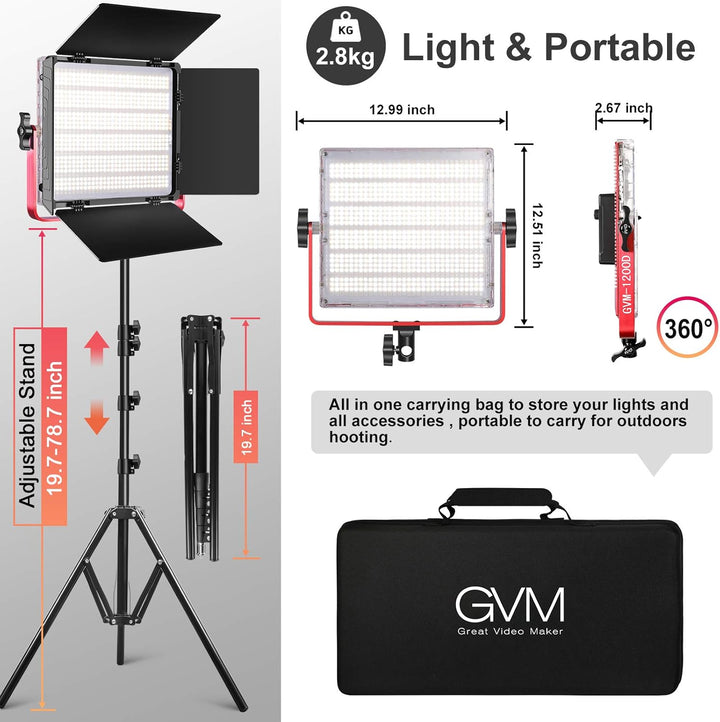 GVM 1200D RGB Videoleuchte Panel mit Lichtstativ, 2er Pack 50W LED Studiolicht Fotografie Licht mit