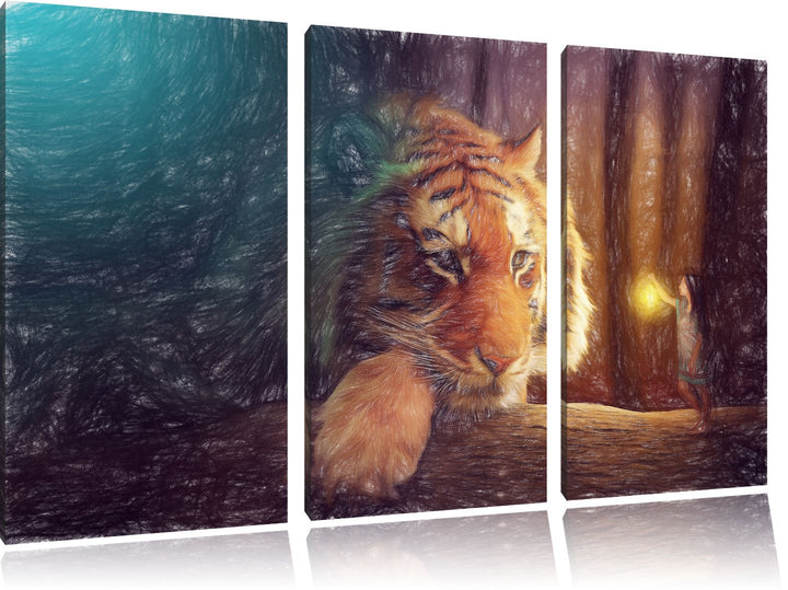 Pixxprint Eine Frau und EIN Riesen-Tiger als Leinwandbild/Grösse: 3 Teilig (120x80 cm) cm/Wandbild/K