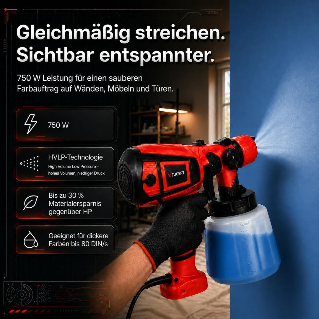 Farbsprühsystem, 750W, 1400 ml Behälter, 9 Düsengrössen 0,8-3,0 mm, mit Rutschfestem Griff und Visko