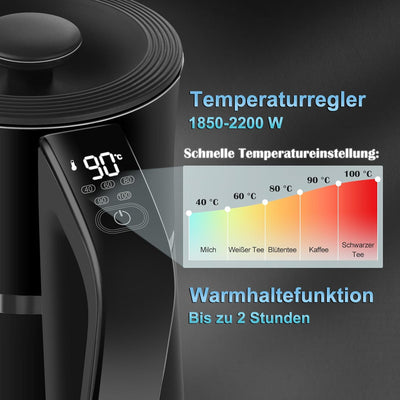 WANNYTON Edelstahl Wasserkocher 1,7 L mit Temperatureinstellung Temperaturwahl (40-100℃), 2200 W, BP