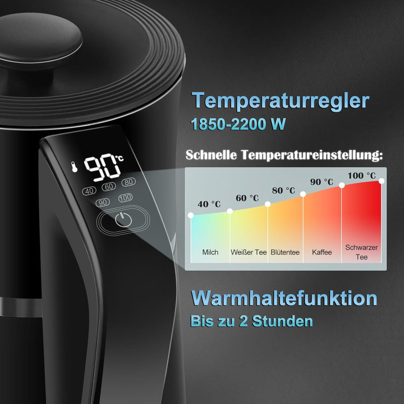 WANNYTON Edelstahl Wasserkocher 1,7 L mit Temperatureinstellung Temperaturwahl (40-100℃), 2200 W, BP