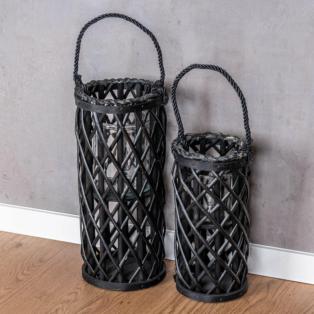 levandeo 2er Set Laterne Windlicht H40cm H31cm Schwarz Holz Weiden-Laterne geflochten Glaseinsatz Ke