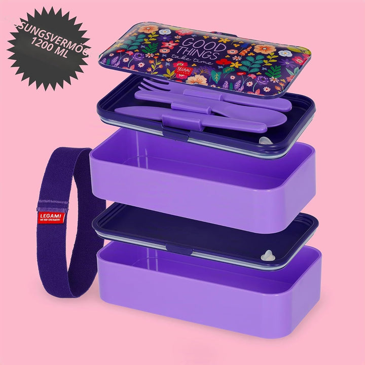 Legami - Lunchbox mit 3 Bestecken und Besteckhalter, Thema Blumen, Fassungsvermögen 1200 ml, mikrowe
