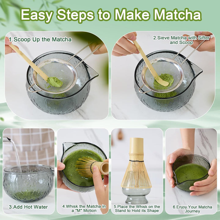 Matcha Tea Set 7- piece Japanese Tea Set Matcha Bowl with Spout, Bamboo Whisk and Spoon Filter Spoon