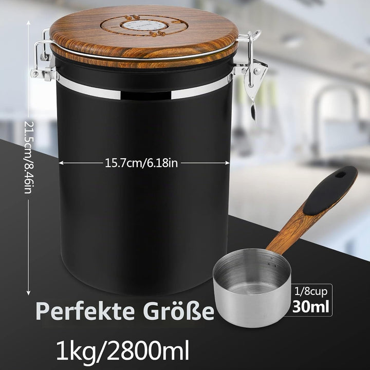 ZWOOS Kaffeedose Luftdicht 1kg Bohnen - Kaffeebohnen Behälter aus Edelstahl mit Messlöffel Deckel au