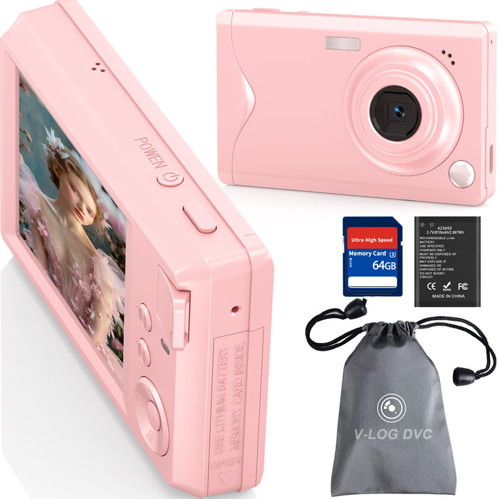 4K Digitalkamera 48MP mit Tasche 32GB SD Karte für Vlogging Kinder Jugendliche Rose Pink-A30, Pink-A