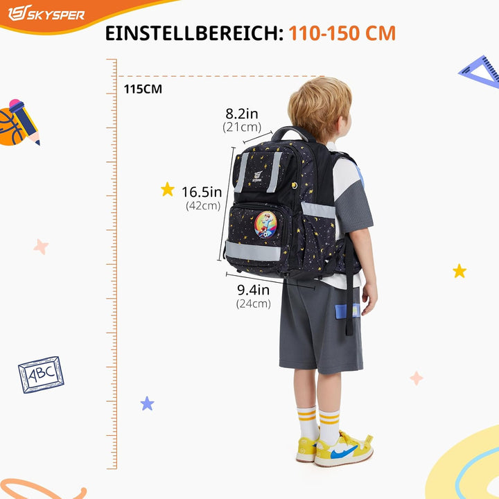 SKYSPER Schulranzen-Set 5-teilig, Schulrucksack Ergonomischer Tragesystem 16L Schulranzen mit 360° R