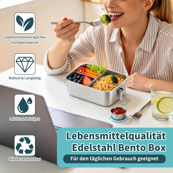 Joyfair Brotdose mit Fächern, Edelstahl Bento Box mit 3 Fächern, Metall Lunchbox Brotzeitdose mit Au