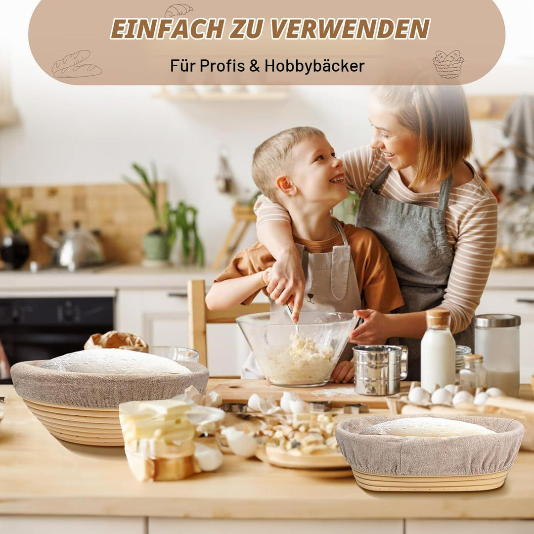 Gärkorb Set, Gärkörbchen mit Silikon Backmatte, 23cm Runde und 25cm Ovale Gähr Körbchen, Brotkörbche
