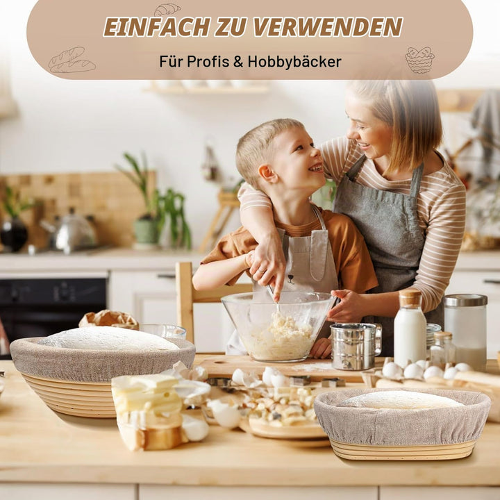 Gärkorb Set, Gärkörbchen mit Silikon Backmatte, 23cm Runde und 25cm Ovale Gähr Körbchen, Brotkörbche
