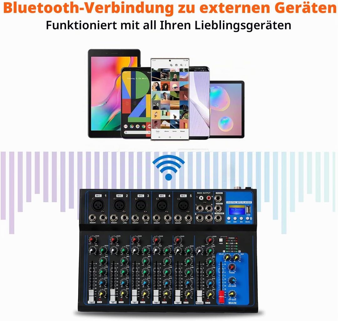 Depusheng HT7 Tragbarer Bluetooth-Audio-Mixer mit USB-DJ-Sound-Mischpult MP3-Buchse 48-V-Stromversor