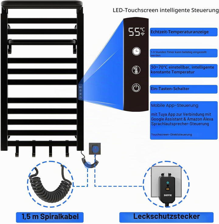 Elektrischer Handtuchhalter, WiFi Smart Thermostat Schwarz Handtuchwärmer, für Alexa und Google Home