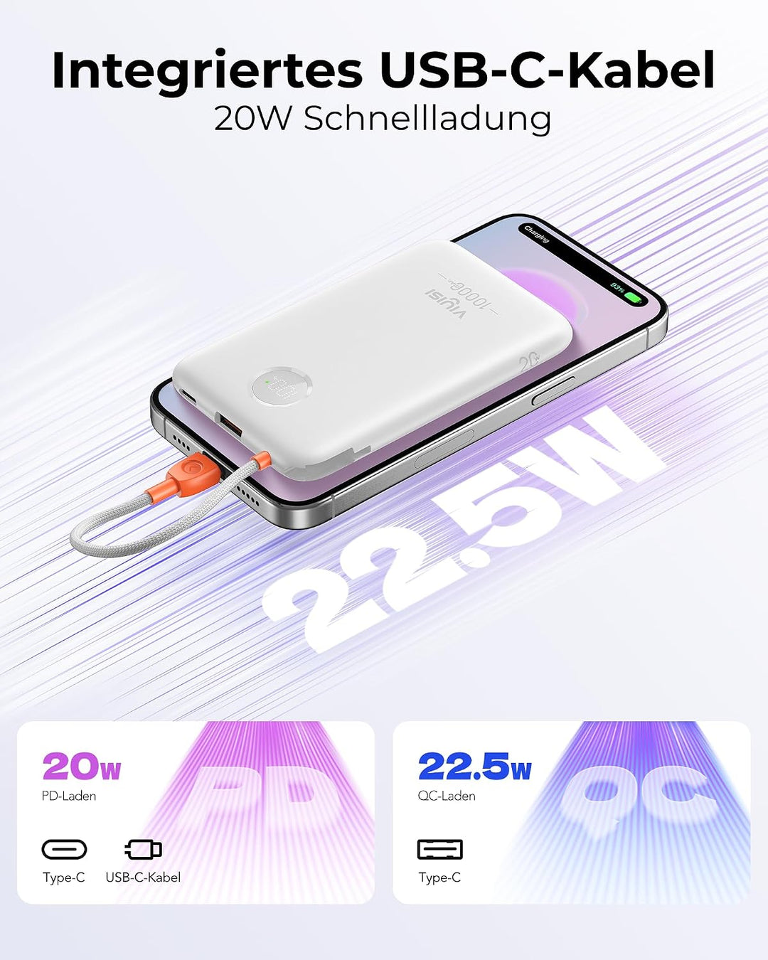 VIYISI Powerbank 10000mAh Ultradünn mit Integriertem USB-C Kabel, Weiss, weiss