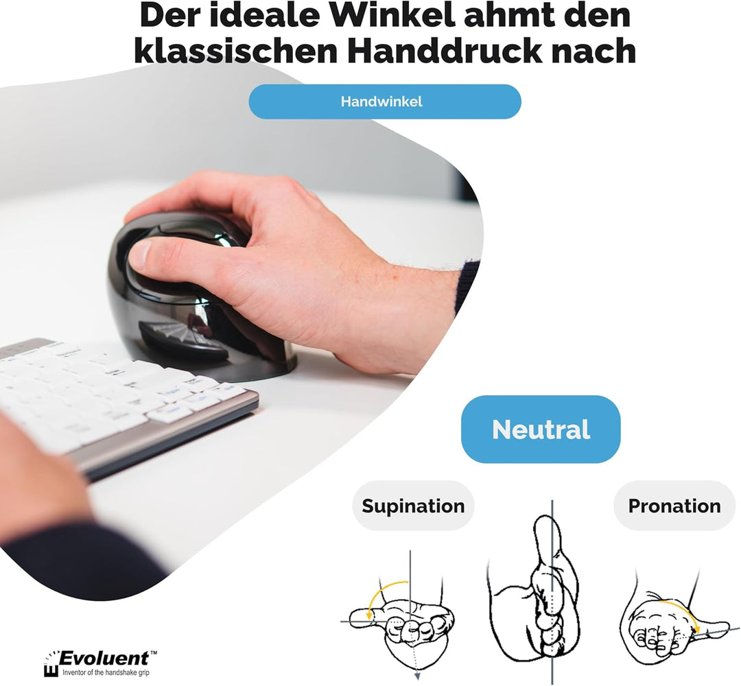 Evoluent VerticalMouse D Kabellose USB Maus für Rechtshänder, Grösse M, VMDMW, Schwarz, Silber, Grau