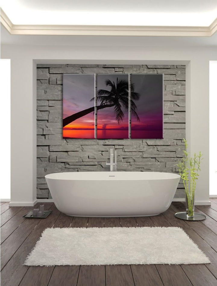 Pixxprint Palme am Meer mit Sonnenuntergang als Leinwandbild/Grösse: 3 Teilig (120x80) cm/Wandbild/K