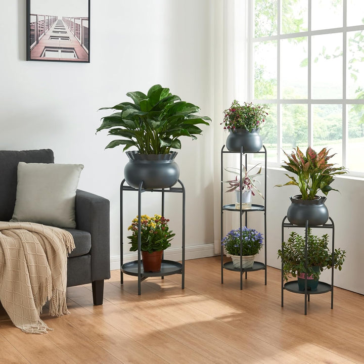 [en.casa] Blumenständer Altena Pflanzenständer mit Blumentopf und 2 Ablagen Metall Schwarz Pflanzenr