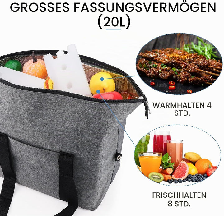 Grosse Kühltasche faltbar 20 L–Faltbare Einkaufstasche mit 2 Kühlboxen, Graue Picknicktasche mit Iso