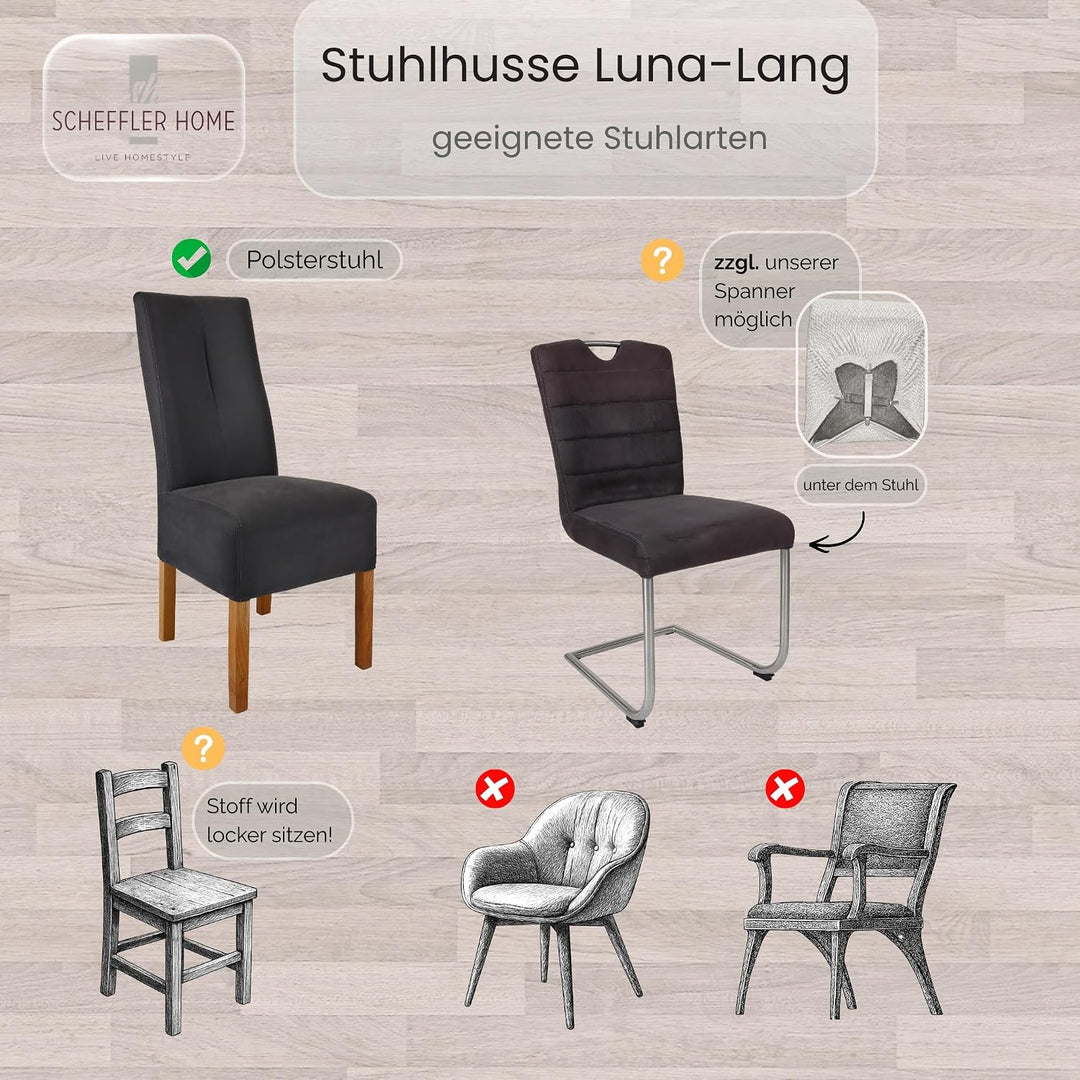 SCHEFFLER-Home Stuhlhussen Stretch Luna-Lang/Stuhlüberzug 4er Set Braun/elastische Flanell Stuhlabde