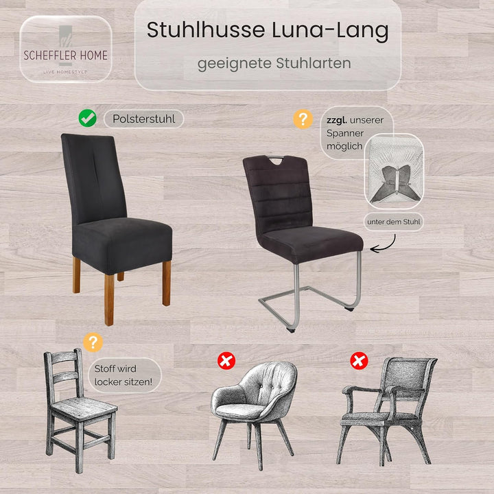 SCHEFFLER-Home Stuhlhussen Stretch Luna-Lang/Stuhlüberzug 4er Set Braun/elastische Flanell Stuhlabde