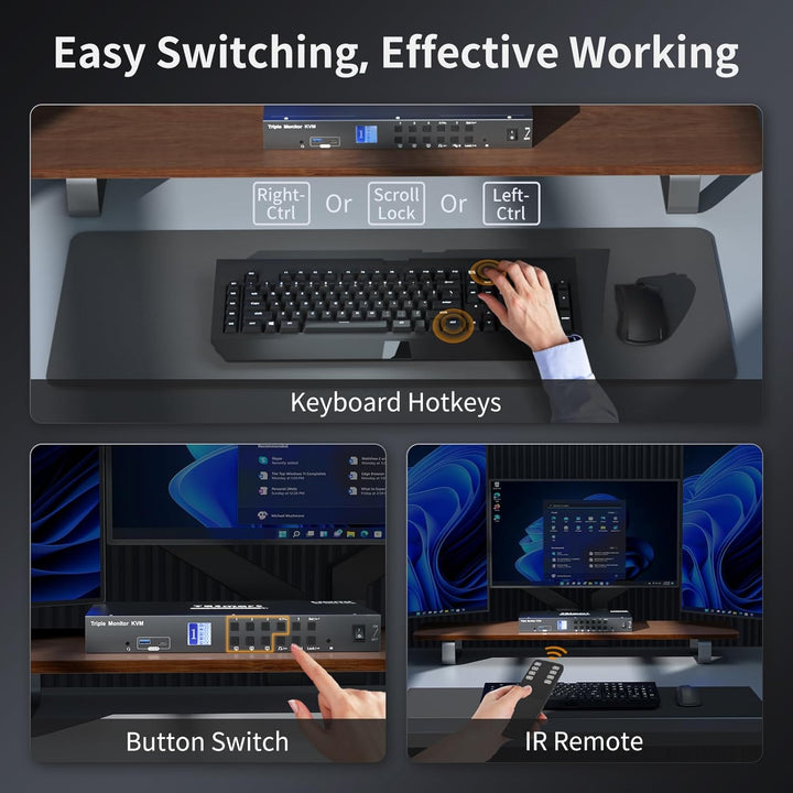 TESmart USB 3.0 HDMI KVM Switch 3 Monitore 4 PC, KVM Umschalter mit EDID Emulators, 4K60Hz, Hotkey-S