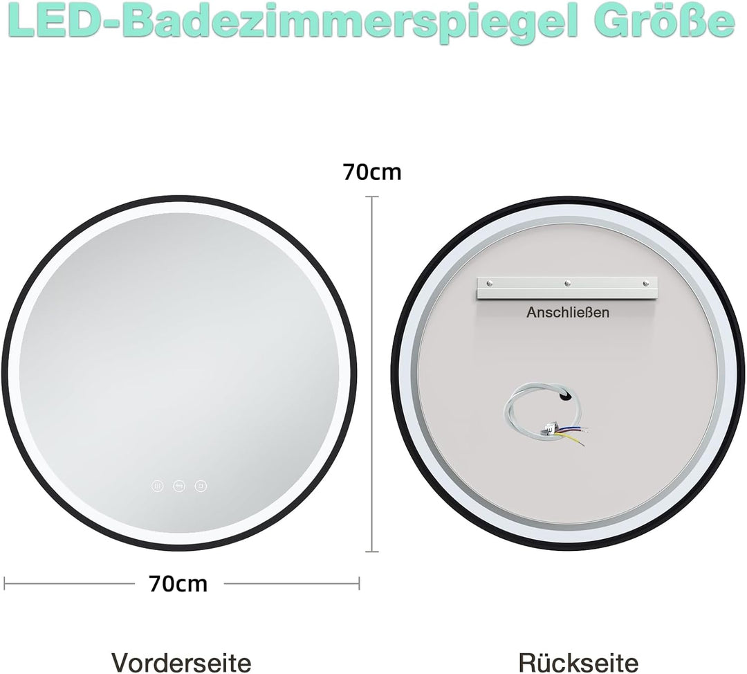 LED Runder Badspiegel mit Beleuchtung, 3 Lichtfarben, Dimmbar, Antibeschlag, Energiesparend, Touch-S