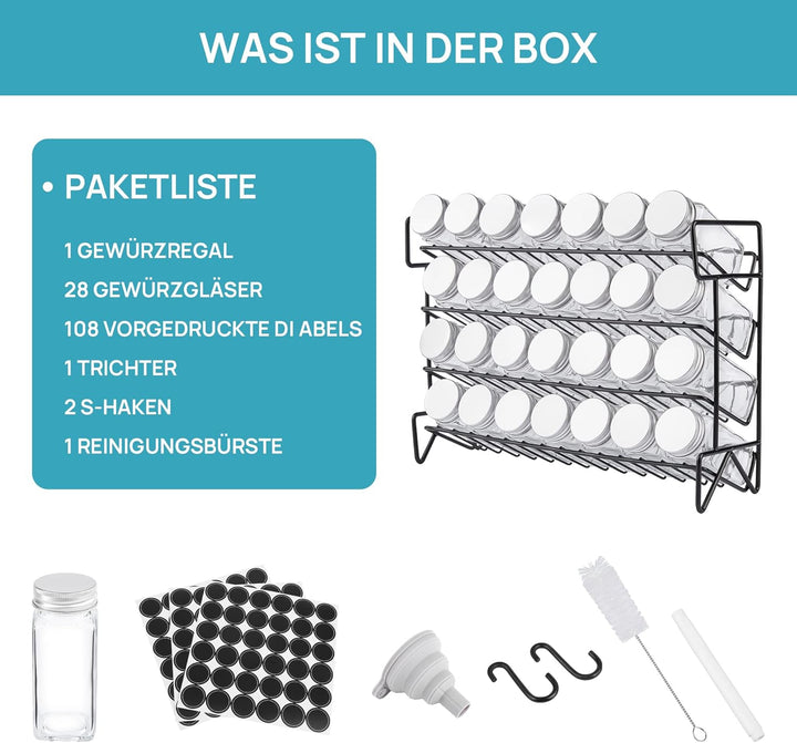 Vtopmart 4-stöckiges Gewürzregal Stehend, 28 Leere Gewürzgläser mit Gestell und 432 Gewürzetiketten,
