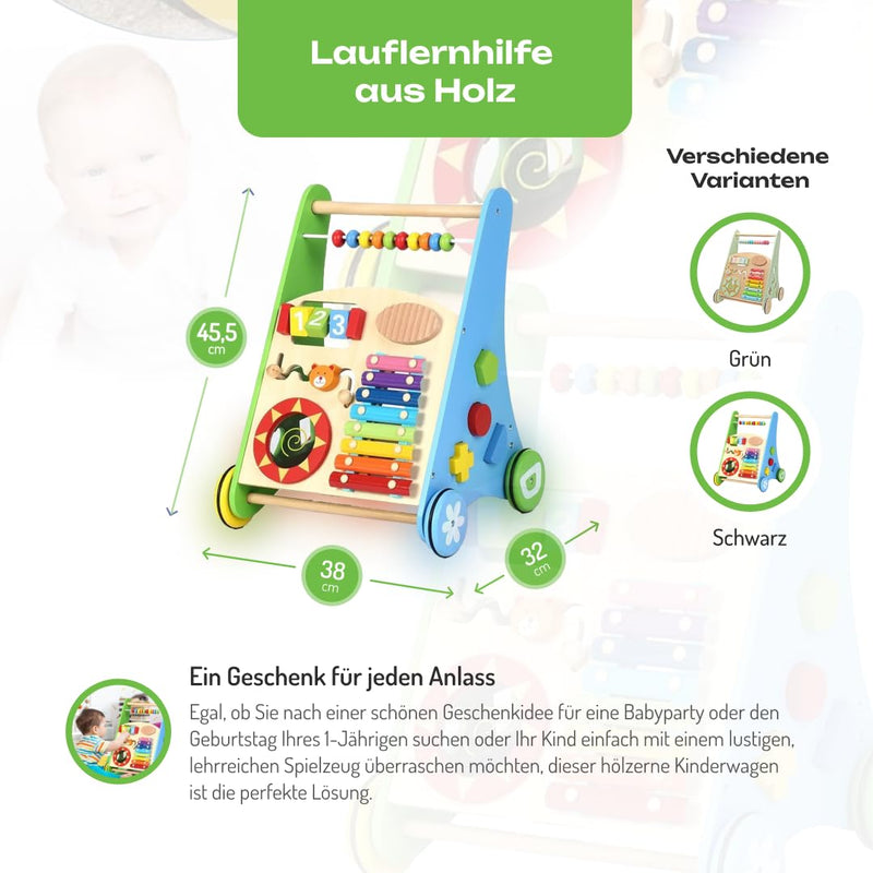 COIL Babywalker Lauflernwagen 3in1, Kinderwagen aus Holz, Lernspielzeug, ab 12 Monaten (Grün), grün