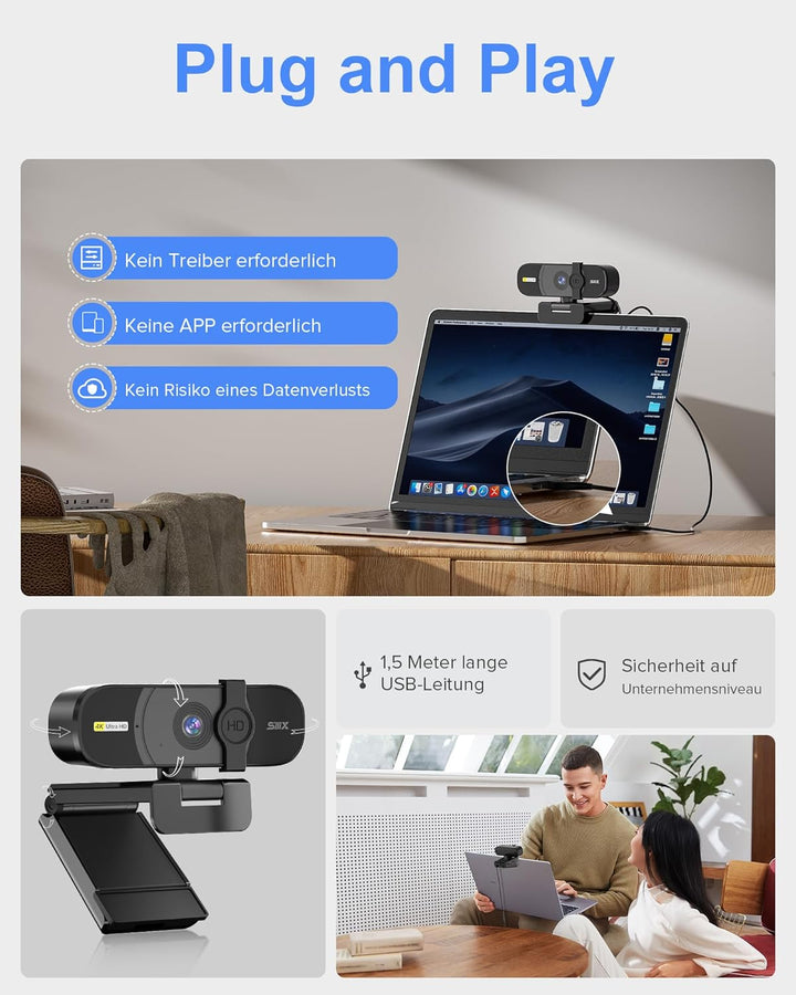 USB Webcam, 4K Full HD Webcam für PC, Videoanrufe, Computerkamera mit klarem Stereo-Audio, automatis