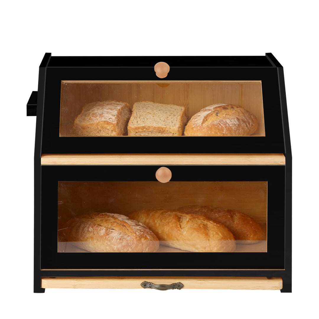 HUOLE Brotkasten Bambus 2 Etagen Brotkasten Küchenorganizer Brotkasten Holz Brotkasten mit Sichtfens