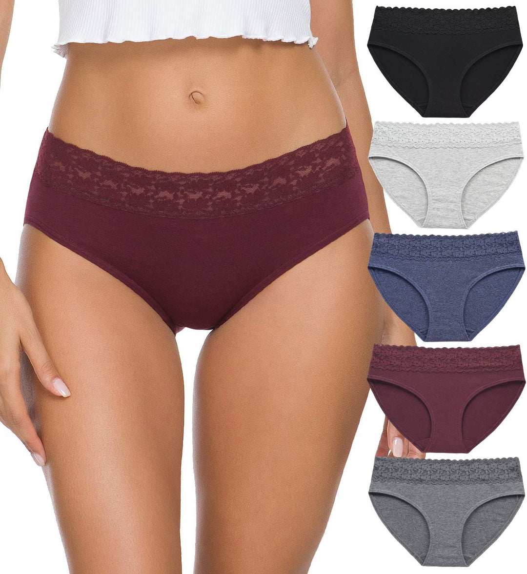 GNEPH Damen-Unterwäsche, Baumwolle, Bikini-Höschen für Damen, Unterhose, Slips, Hipster, Spitze, 5er