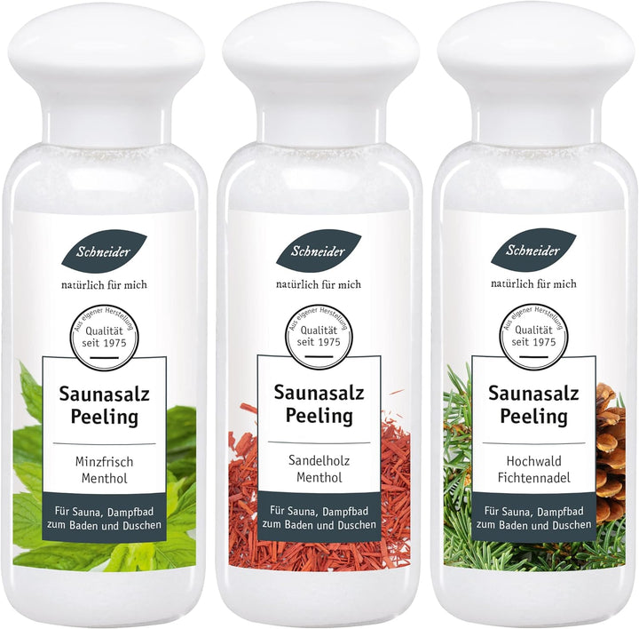 Saunabedarf Schneider - Saunasalz Peeling Set - 3 x 300 g Inhalt - Vorratspack, wohltuender Mix für