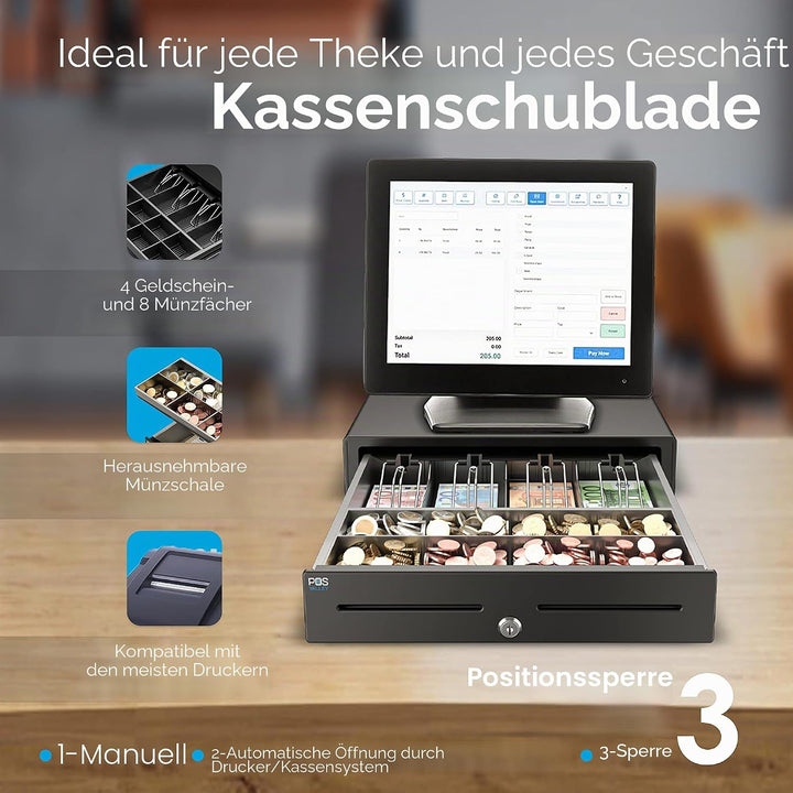 Kassenschublade - Professionelle, Elektrisch (RJ11-12) / Manuell Öffnen - 4 Scheinfächer / 8 grosse