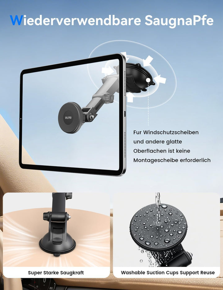 OHLPRO Tablet Halterung Auto,360° Drehung Tablethalterungen 18cm Ausziehbare Arm+ Waschbar Saugnapf,
