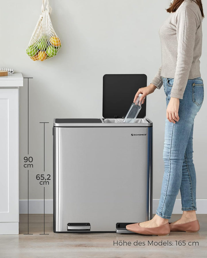 SONGMICS Mülleimer, 2 x 30 L, 2 Fächer, Mülltrennsystem, Treteimer, Abfalleimer Küche, 15 Müllsäcke,