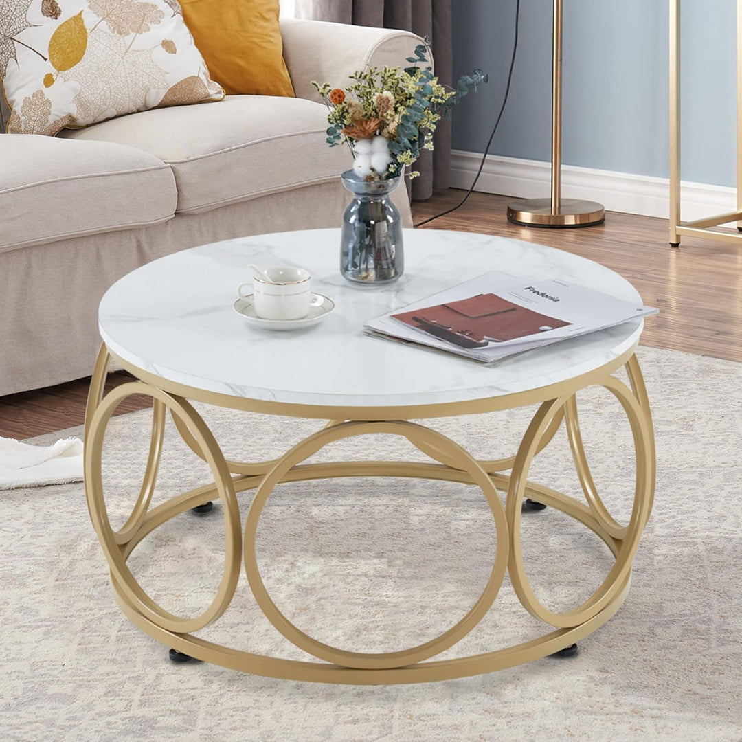 M MCombo Couchtisch Rund Holz, Modern Sofatisch Marmor Weiss Gold, Klein Kaffeetisch Metallgestell,