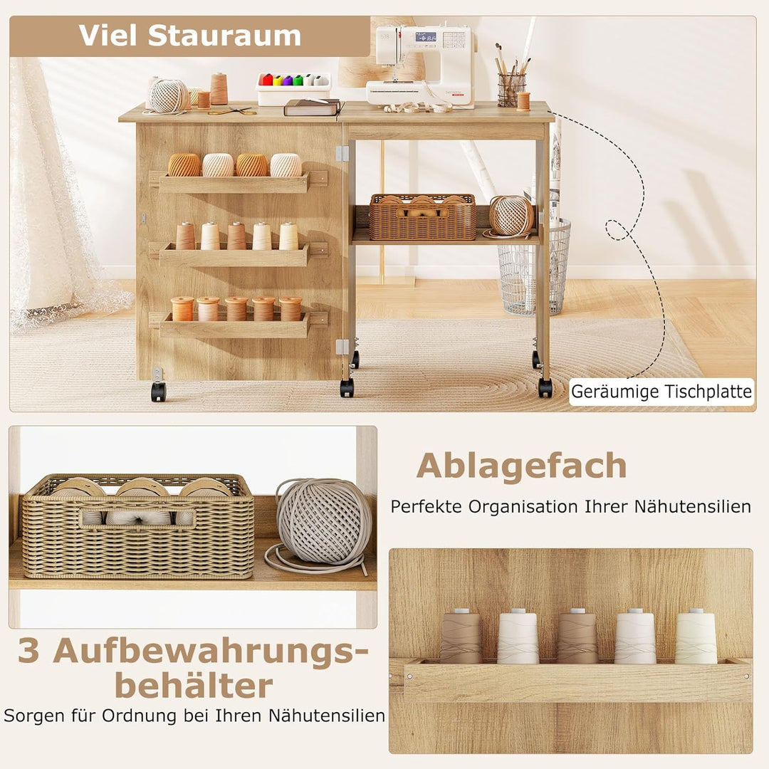 GIANTEX Nähtisch klappbar, Nähmaschinentisch auf Rollen, Nähtisch für Nähmaschine, Nähschrank Holz,