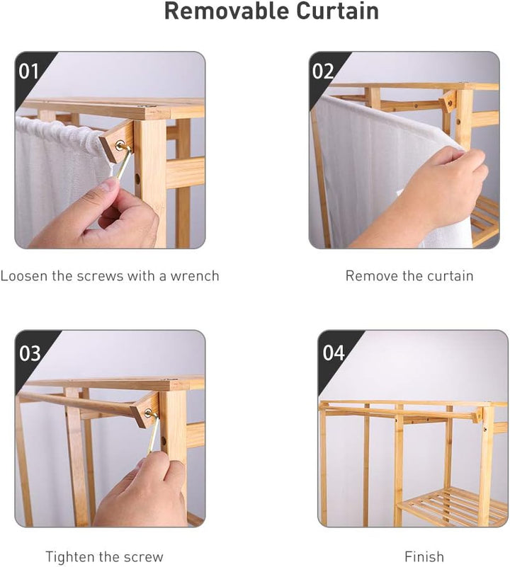Medla Kleiderständer Bambus, Garderobenständer mit Ablagen, Wäscheständer mit Vorhang und Kleidersta