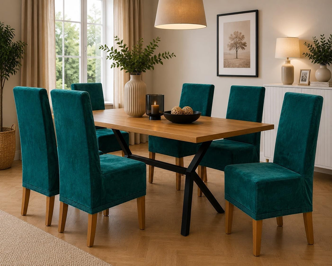 SCHEFFLER-Home Stretch Stuhlhussen Samt Puma Velvet/Velours Stuhlhussen 6er Set Türkis/Stuhlabdeckun