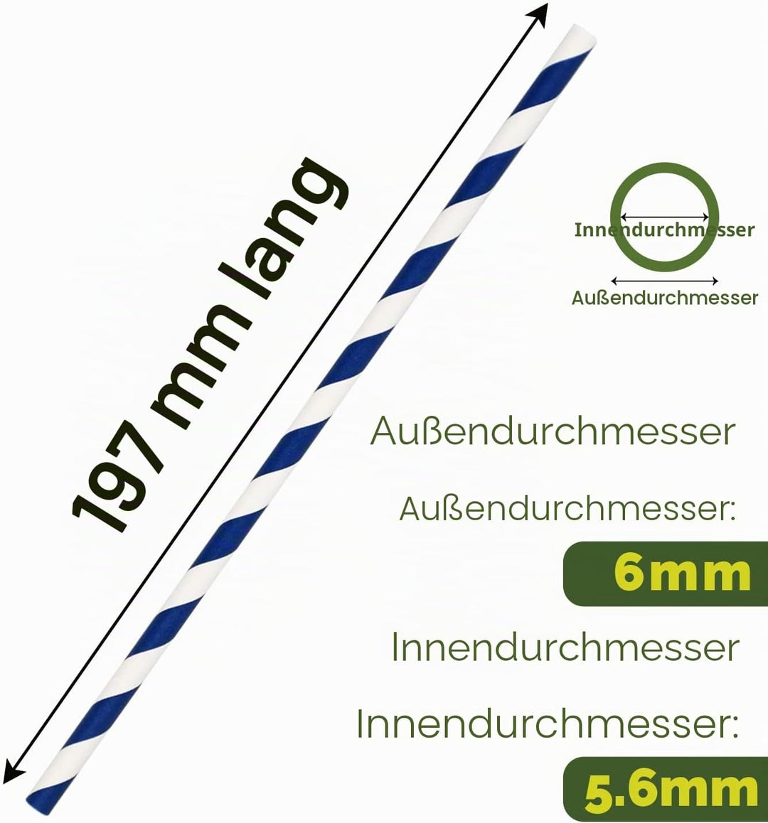 Einweg-Papiertrinkhalme Bulk 1000 Stück, Blau/Weiss gestreift, 19,7x0,6cm - Biologisch abbaubar und