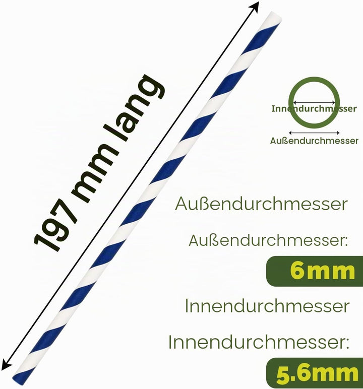 Einweg-Papiertrinkhalme Bulk 1000 Stück, Blau/Weiss gestreift, 19,7x0,6cm - Biologisch abbaubar und