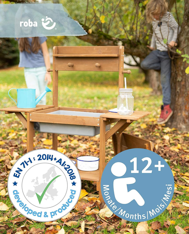 roba Matschküche Midi, Kinder-Outdoor-Gartenküche aus wetterfestem Massivholz, Spielküche inkl. Spie
