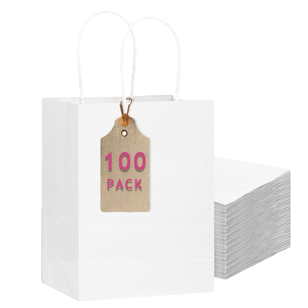 Gcardist 100-Packs weisse Geschenk-Taschen mit Griffen Bulk 11"x8.3"x4.3" Medium Size Paper Bags Mul