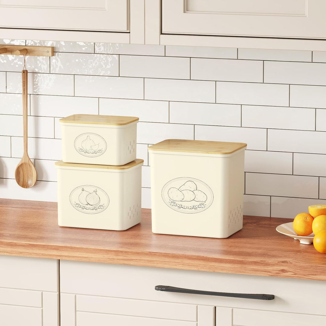 Lifewit 3er Set Kartoffel Aufbewahrungsbox, zwiebel aufbewahrung, Beige | Kunststoff behälter für Ka