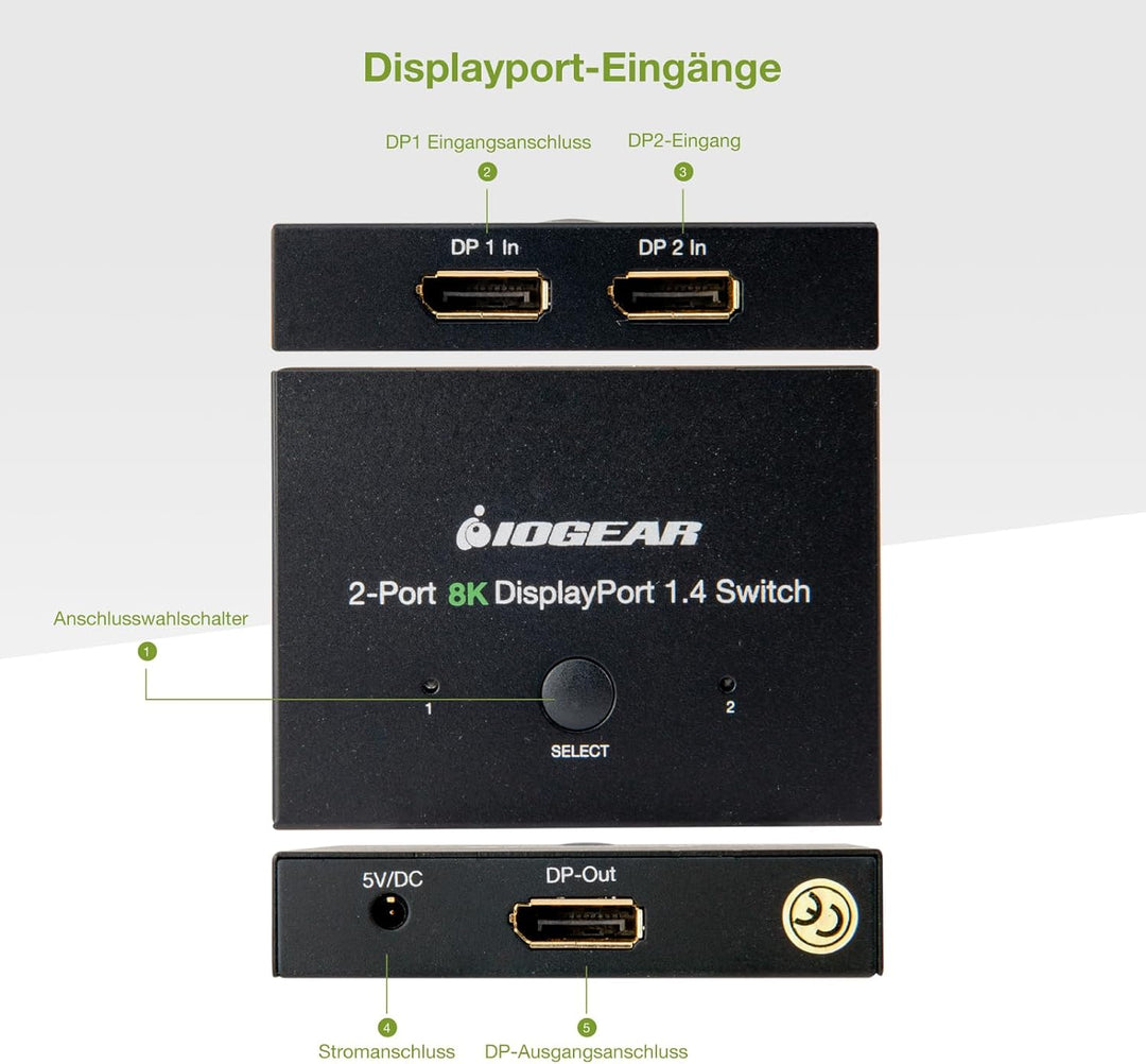 IOGEAR Displayport Switch, 8K Displayport 1.4 Splitter, 2 Eingänge 1 Ausgang 8K@60Hz 4K@120Hz Konver