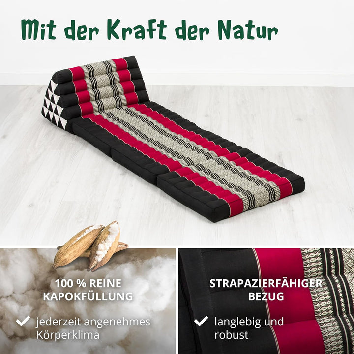 livasia Thaikissen 3 Auflagen extrahoch - 185x55x8cm - Dreieckskissen mit Klappmatratze, Kapok, Jumb