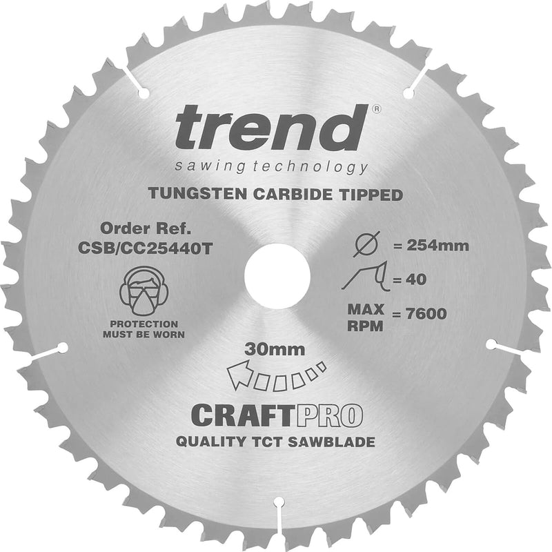 Trend CraftPro Negativhaken Querschnitts-TCT-Sägeblatt, 254mm x 40 Zähne x 30mm Bohrung, Hartmetallb