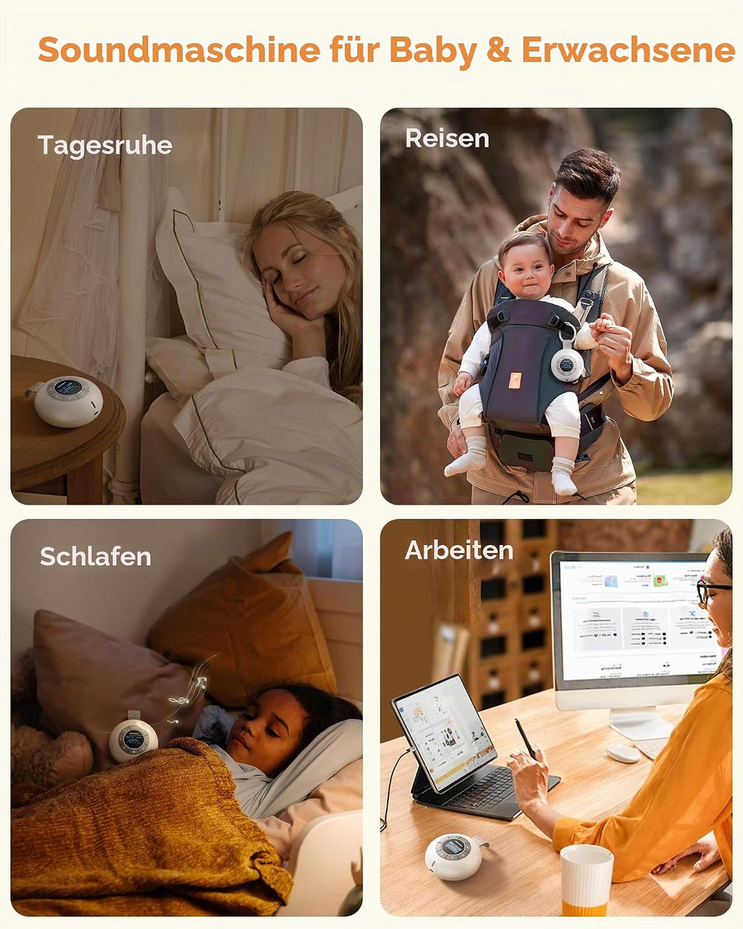 Glocusent Nachttischlampe Baby &amp; White Noise Machine mit 62 Sounds &amp; 9 Farben, Bluetooth, 2000mAh Ak