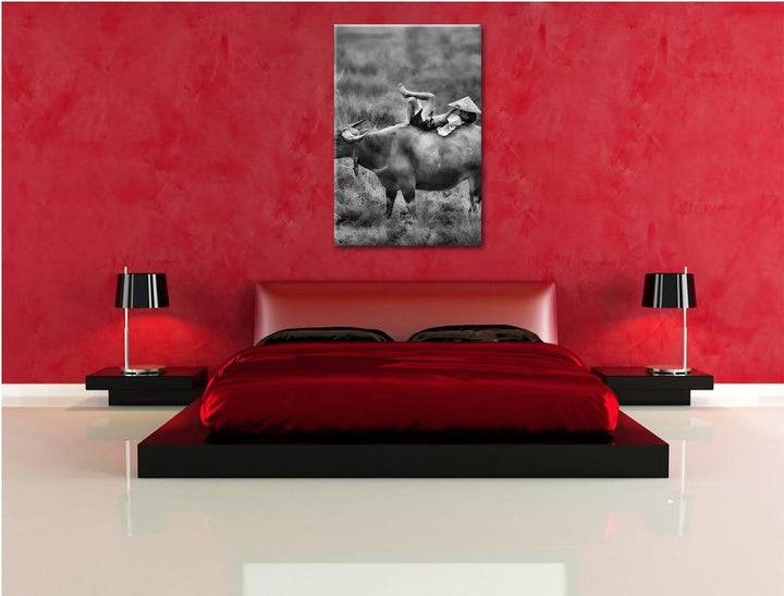Pixxprint Wasserbüffel trägt Kind als Leinwandbild/Grösse: 100x70 cm/Wandbild/Kunstdruck/fertig besp